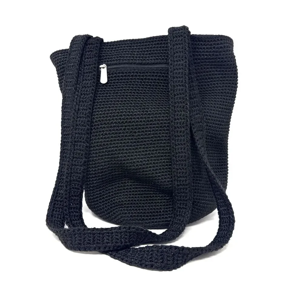 The Sak Crochet Hobo Bucket Bag Black Double Shoulder Strap Boho Euro Summer